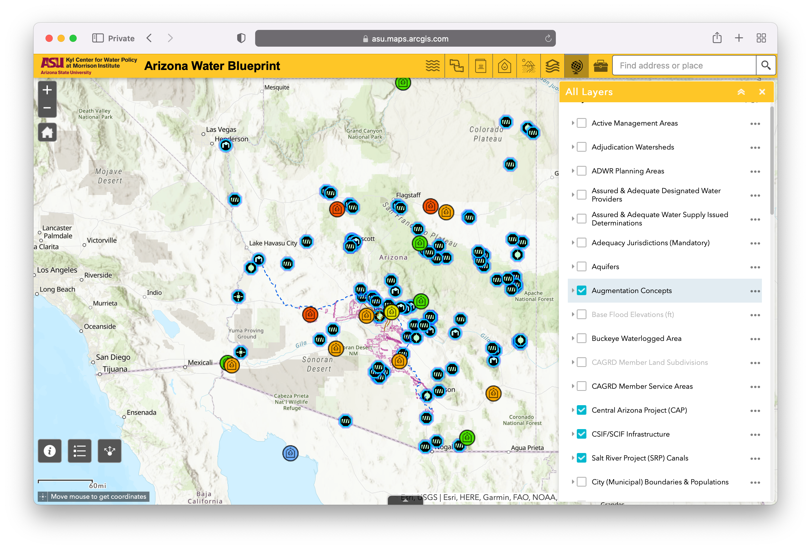 A screenshot of the Arizona Water Blueprint showing infrastructure and augmentation layers.