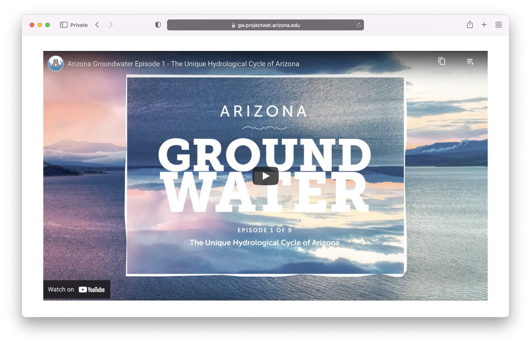 An image of an internet browser showing Arizona Project WET's groundwater video series.
