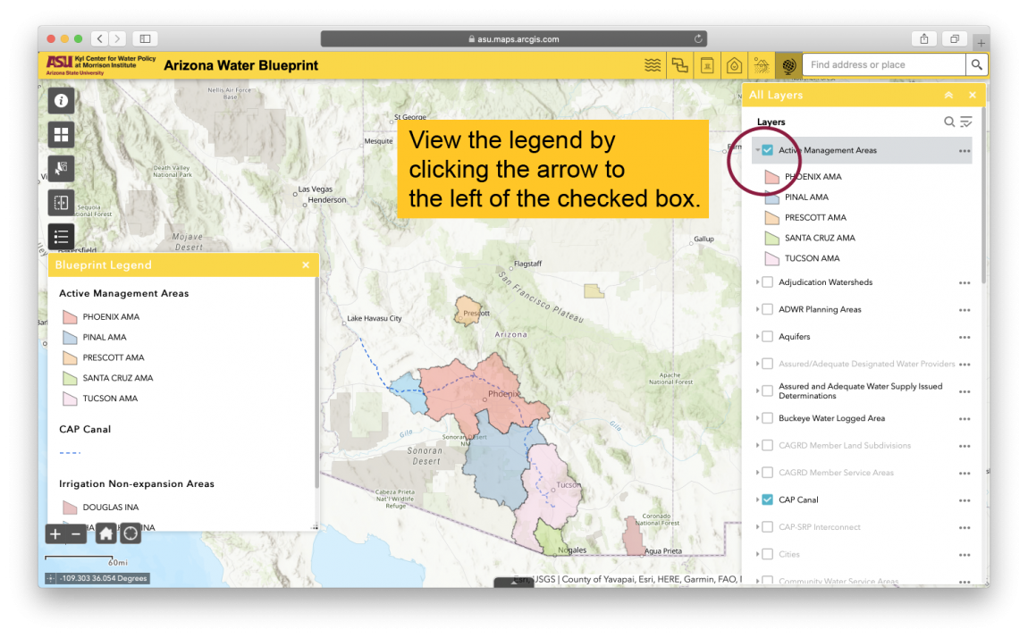 Screenshot of blueprint viewer showing how to view the legend by clicking the arrow next to the checked layer box