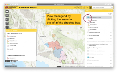 Screenshot of blueprint viewer showing how to view the legend by clicking the arrow next to the checked layer box